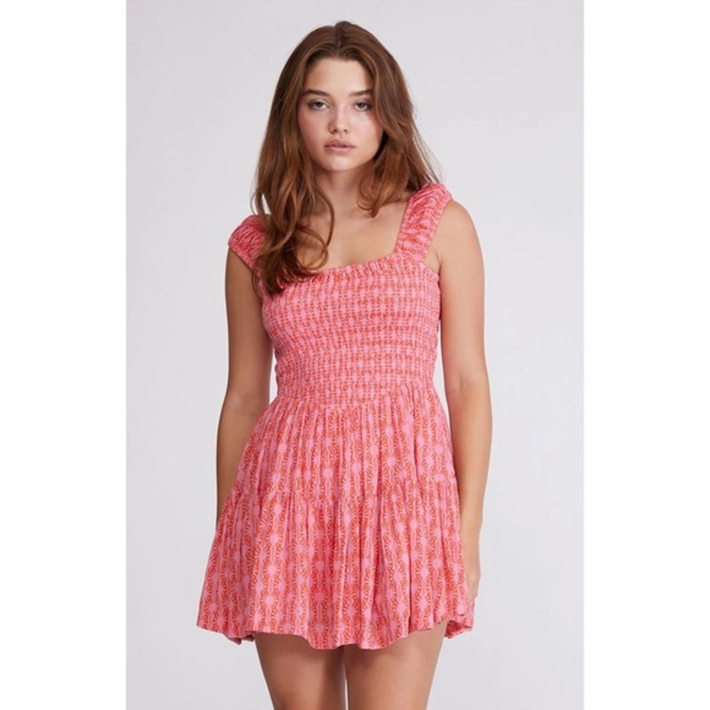 Free People Sweet Annie Smocked Mini Dress Pink Red Geometric Tiered Ruffle Med